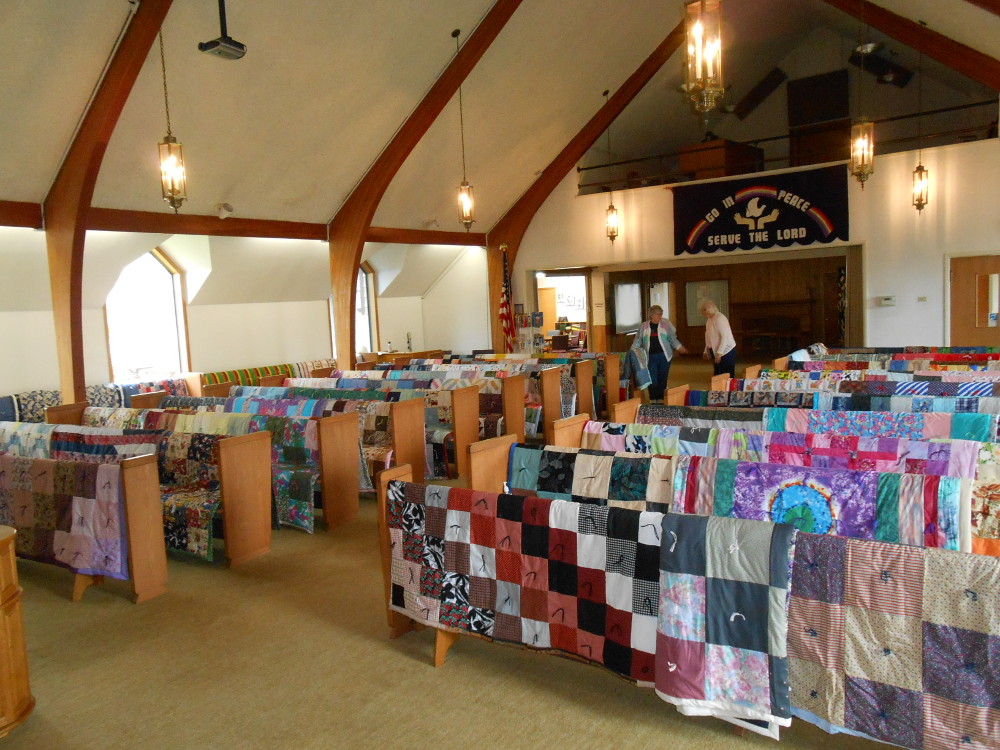 Quilts on display in the sanctuary