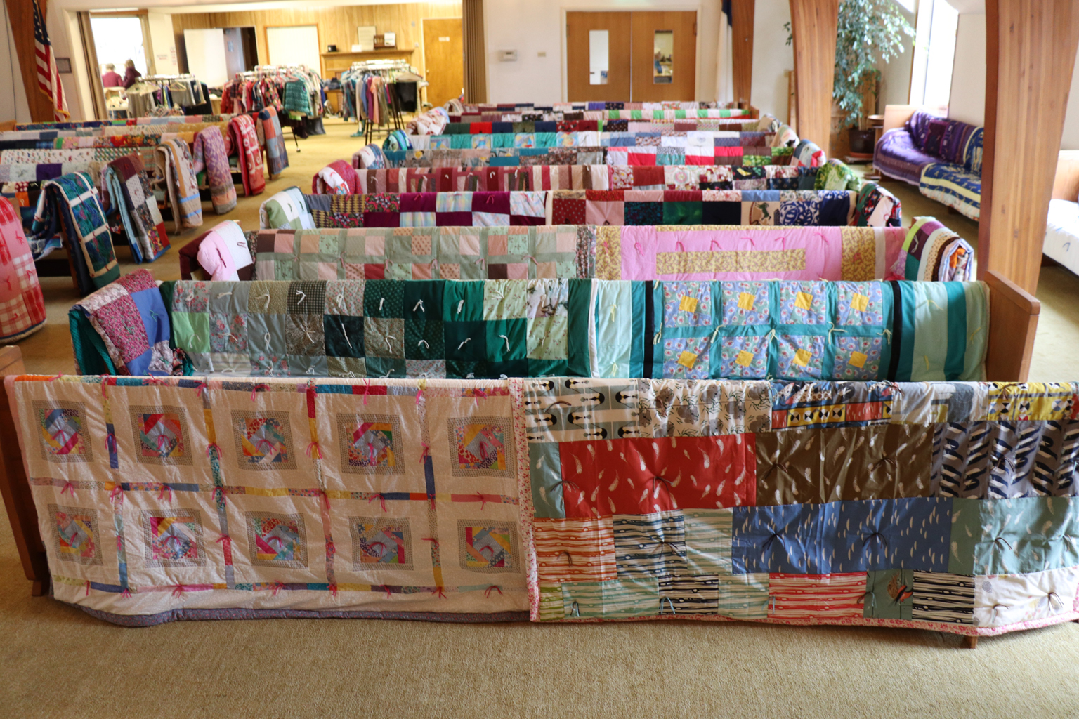 Quilts on display in the sanctuary